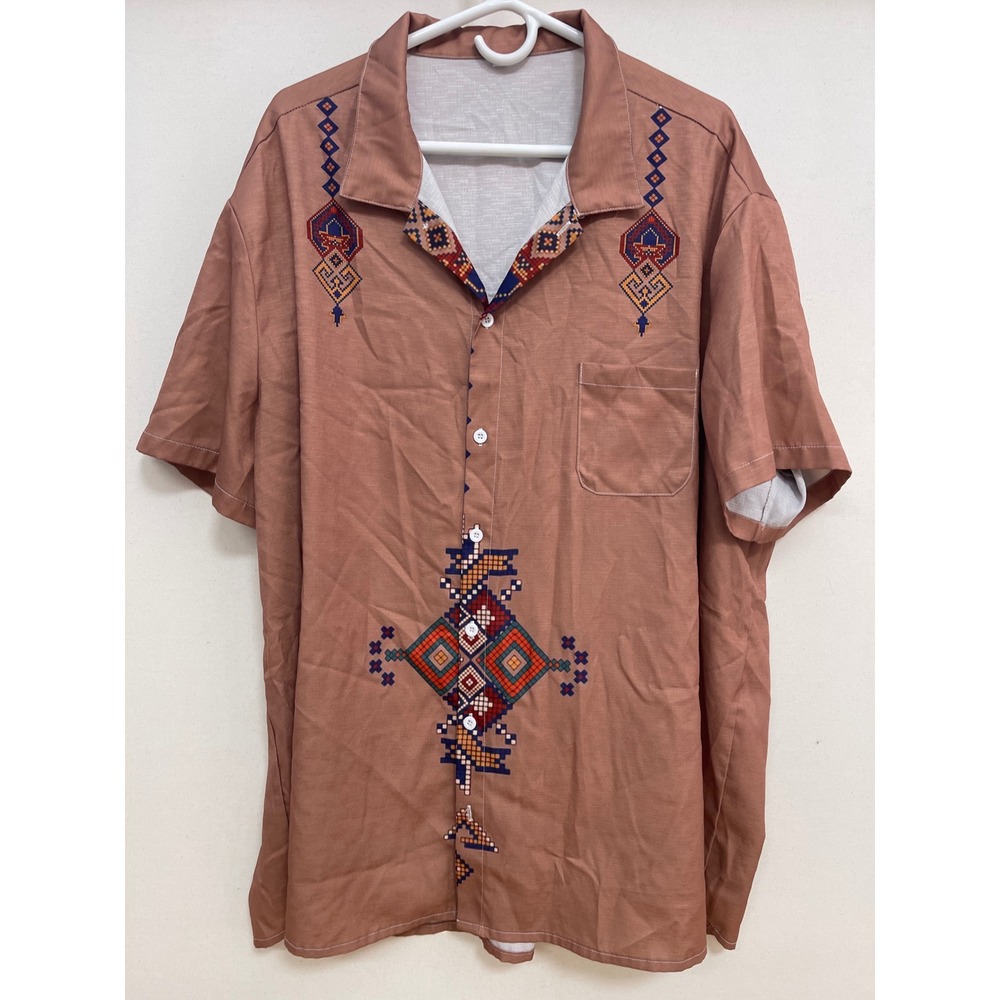 Mens Terracotta Brown Geometric Tribal Print Short Sleeve Button Down Shirt 4XL